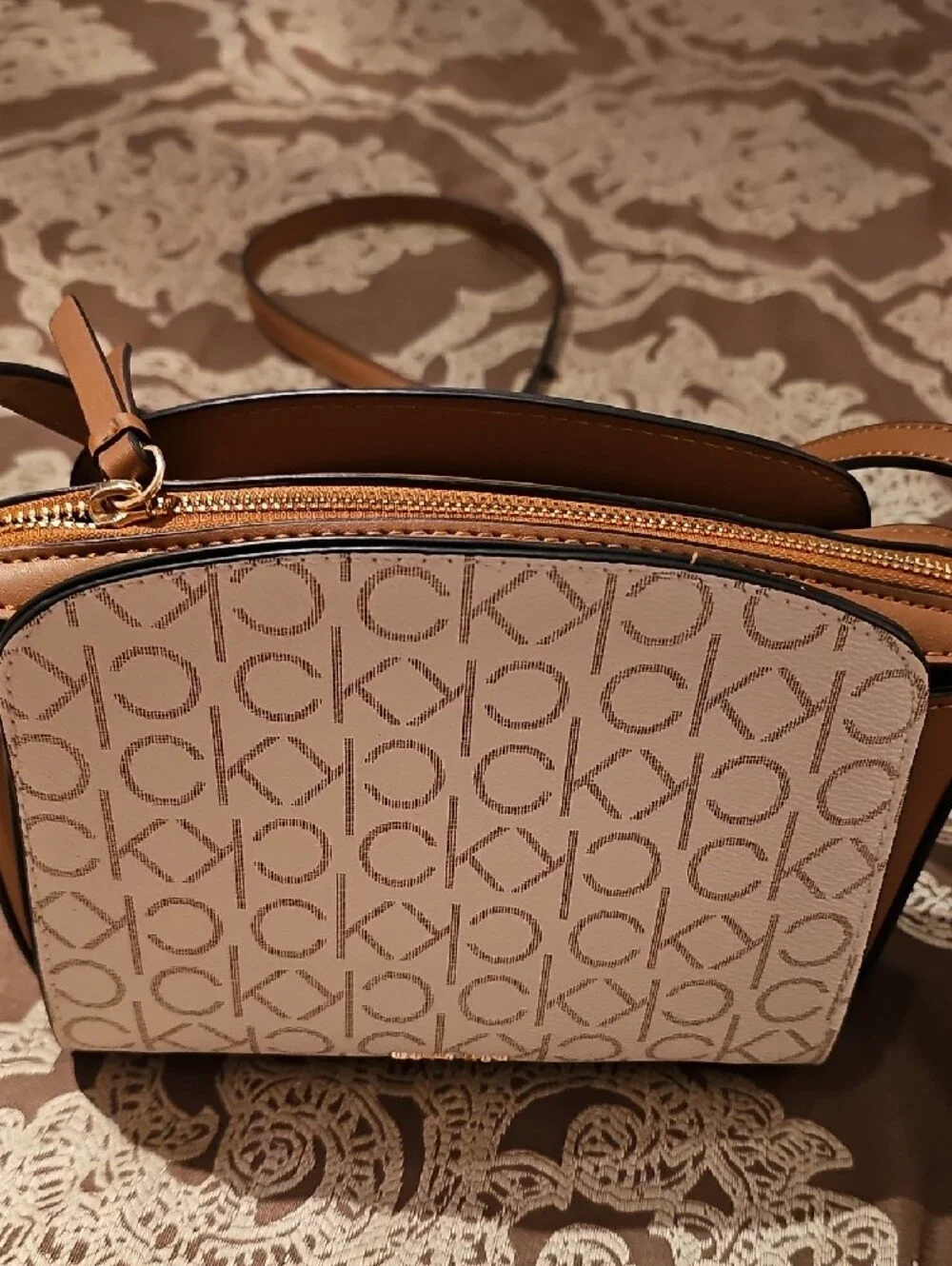 Calvin Klein White & Tan Logo Dome Crossbody Bag